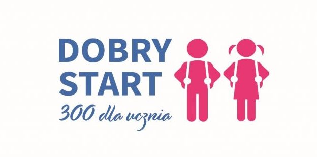 Różowe postaci dzieci: chłopca i dziewczynki. Duże niebieskie litery NA DOBRY START