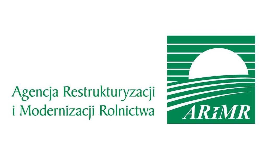 Logo zachodzącego słońca z napisem ARiMR w kolorze zielonym