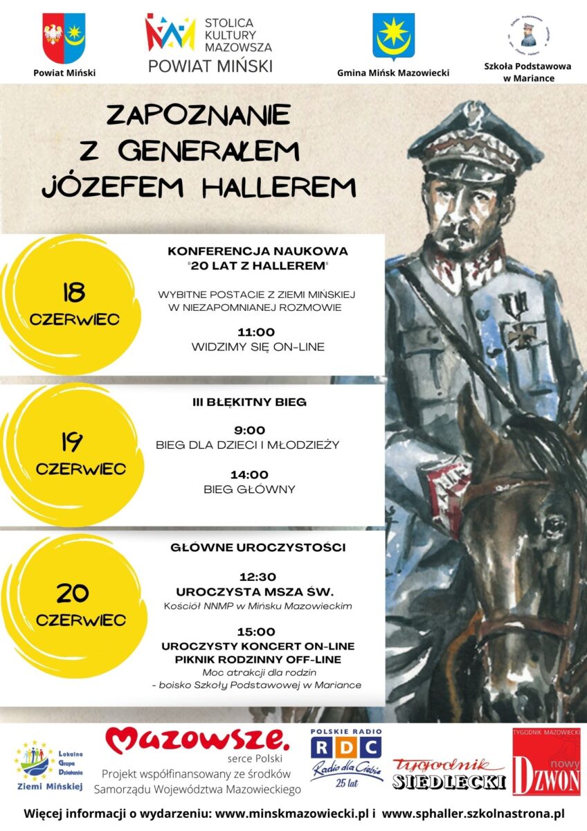 Widoczne hasło - duże czarne litery - Zapoznanie z gen. Józefem Hallerem. na górze i na dole strony logotypy. Na pierwszym planie żołnierz na koniu