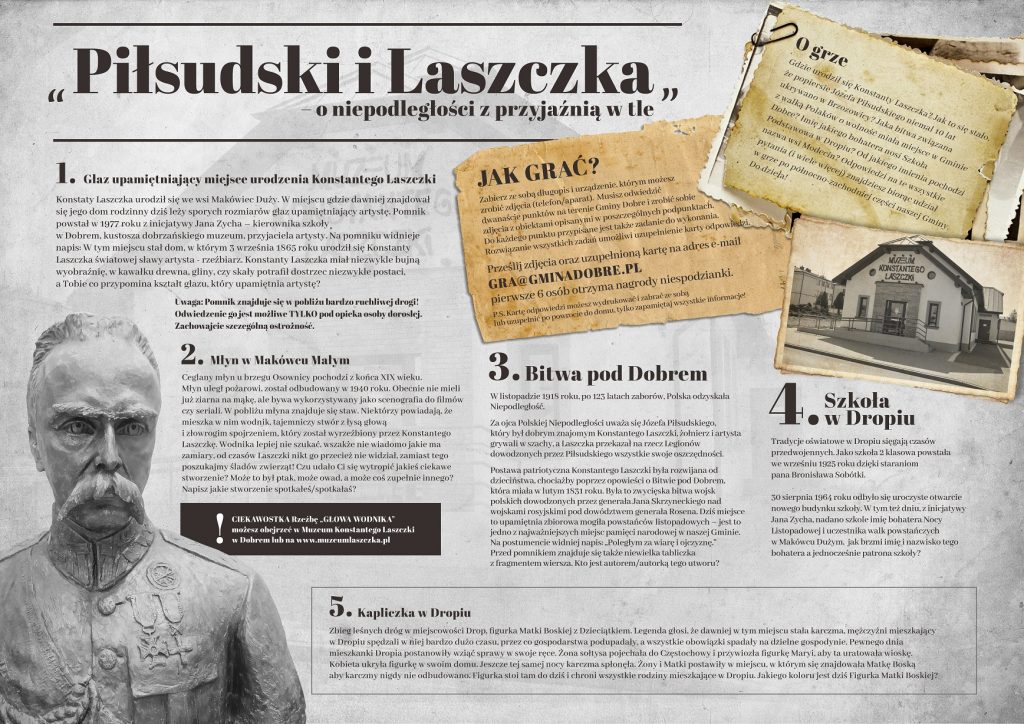 Formularz gry terenowej, po lewej widoczne popiersie Piłsudskiego.
