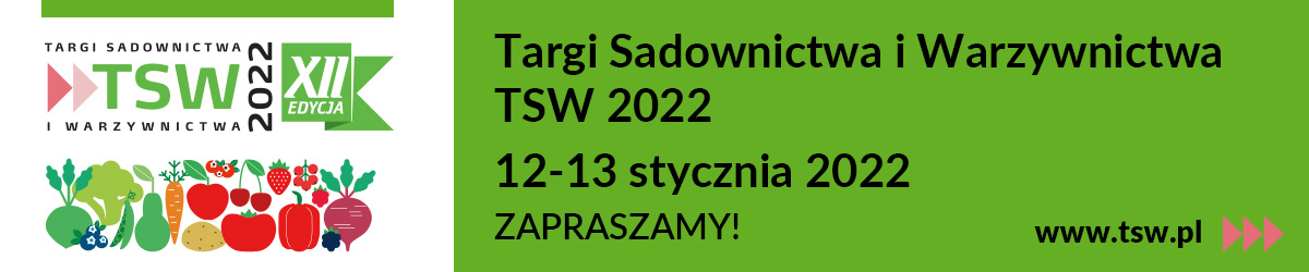 z prawej strony na zielonym tle napis-Targi Sadownictwa i Warzywnictwa TSW 2022 z lewej warzywa w różnych kolorach