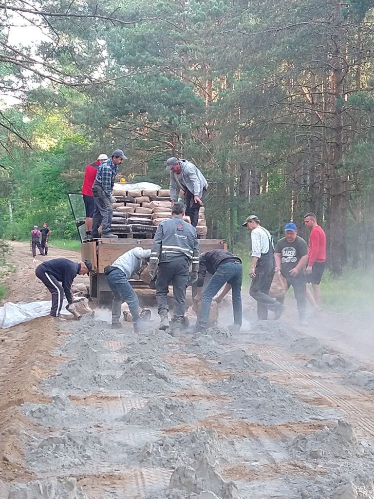 Mężczyźni przy budowie drogi prowadzącej przez las