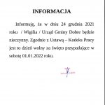 biała kartka z tekstem "Informuję, ze w dniu 24 grudnia 2021 roku / Wigilia / Urząd Gminy Dobre będzie nieczynny. Zgodnie z Ustawą Kodeks Pracy jest to dzień wolny za święto przypadające w sobotę 01.01.2021 roku."