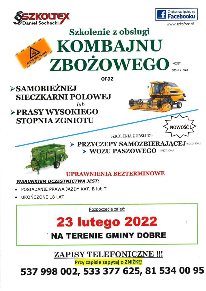 Plakat z wypisanymi propozycjami szkoleń dla rolników.