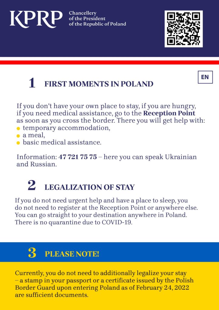 Pierwsza strona ulotki informacyjnej dla uchodź↓ców z Ukrainy w językku angielskim