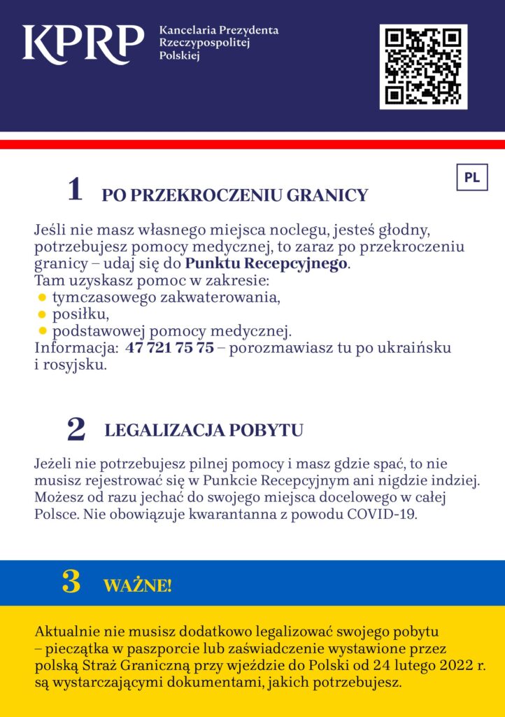 Pierwsza strona ulotki informacyjnej dla uchodź↓ców z Ukrainy w języku polskim