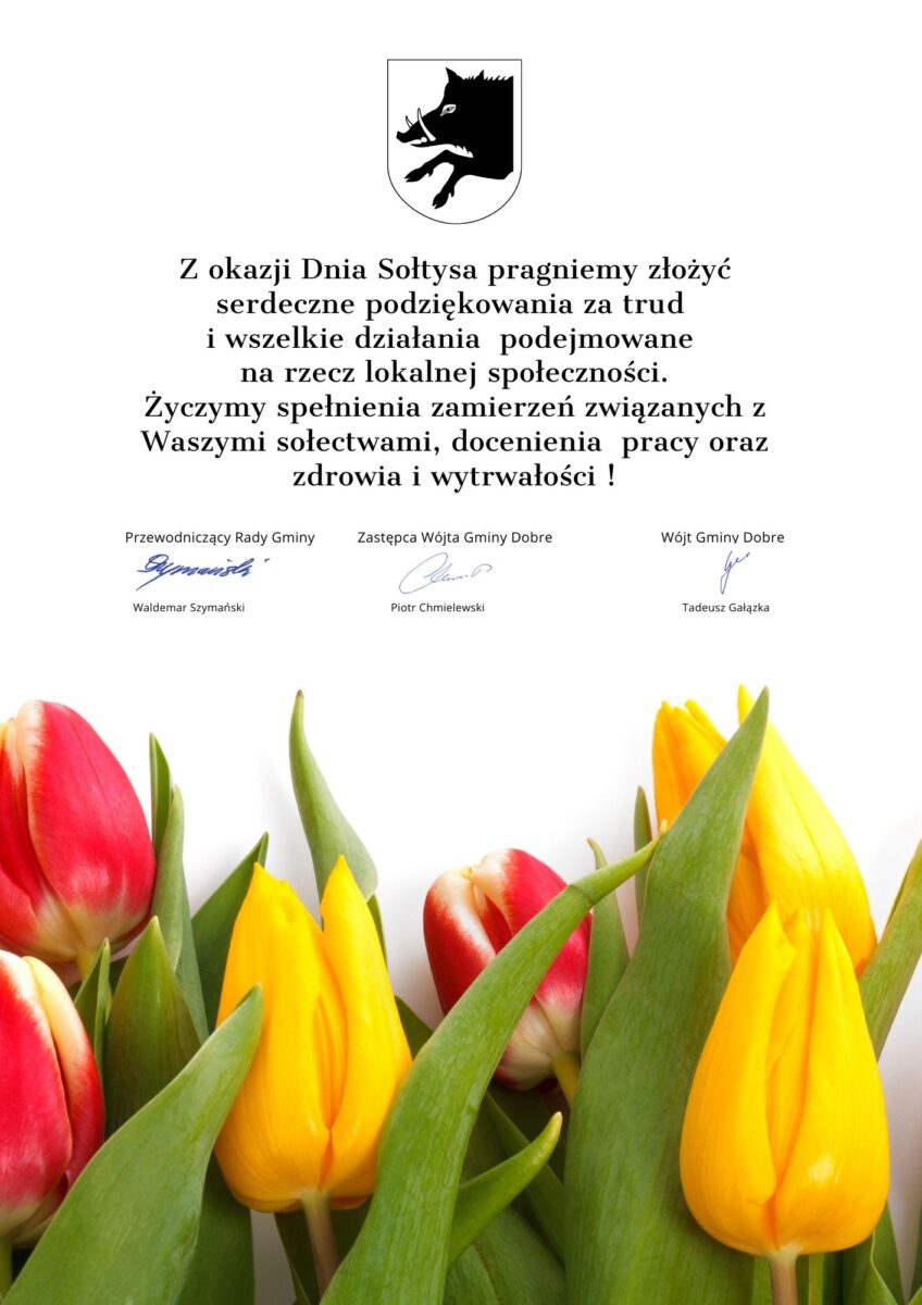 Życzenia z okazji Dnia sołtysa na tle kolorowych tulipanów.
