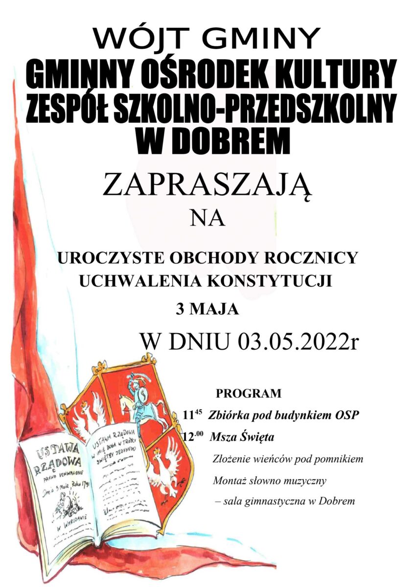 plakat z treścią zaproszenia na obchody i flagą biało-czerwoną