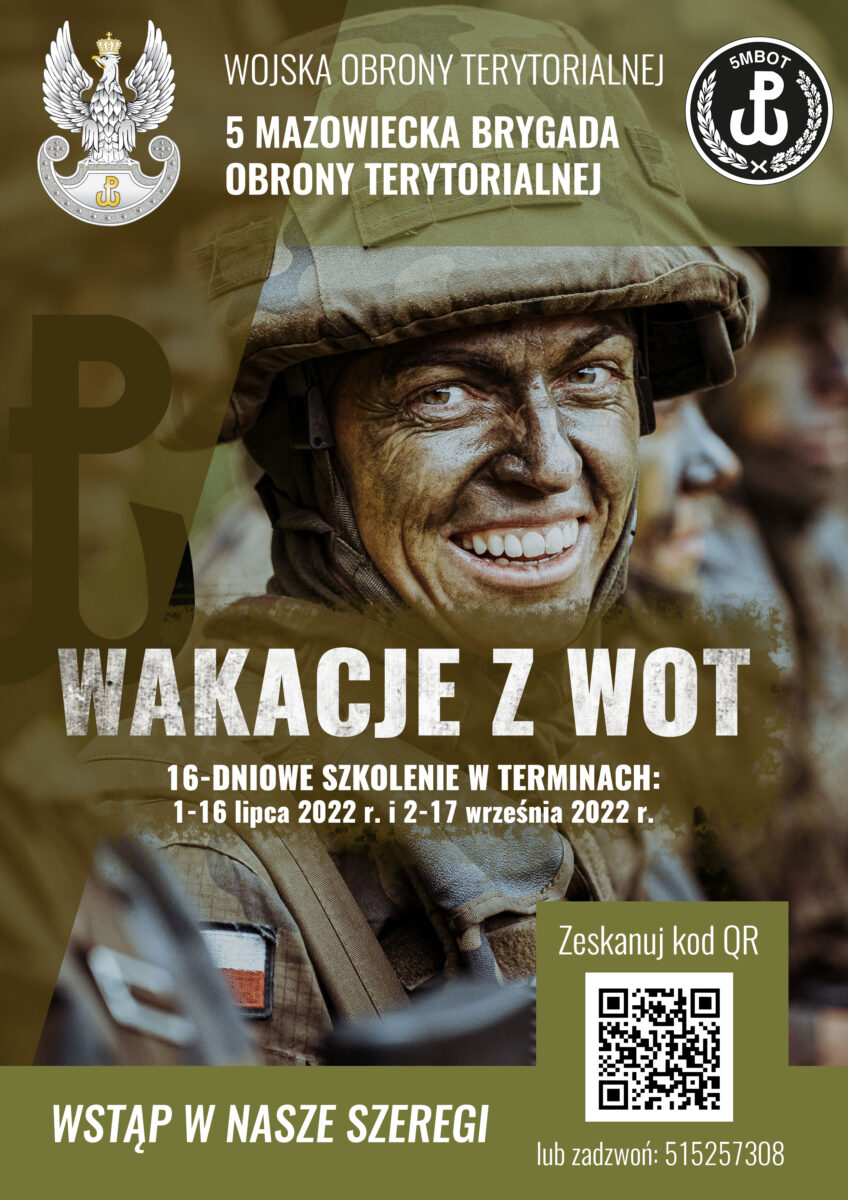 Plakat przedstawiający żołnieża z napisem Wakacje z WOT