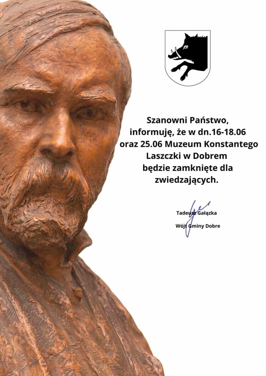 zdjęcie rzeźby i tekst Szanowni Państwo, informuję, że w dn.16-18.06 oraz 25.06 Muzeum Konstantego Laszczki w Dobrem będzie zamknięte dla zwiedzających.