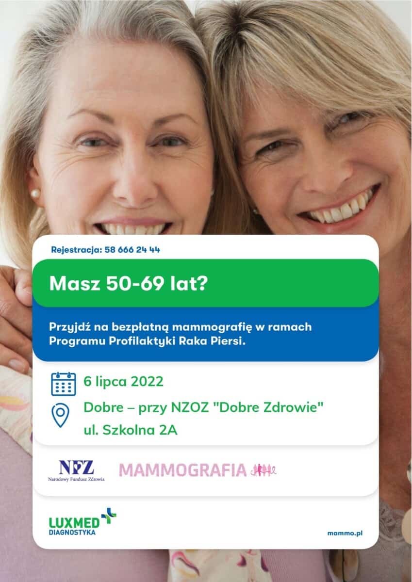 Plakat przedstawiający dwie panie i tekst LUX MED Diagnostyka zaprasza na bezpłatne badania mammograficzne dla Pań w wieku 50-69 lat finansowane przez NFZ w ramach Programu Profilaktyki Raka Piersi. Po raz ostatni badanie bez skierowania lekarskiego będą mogły wykonać Panie, które urodziły się w 1953 roku.
