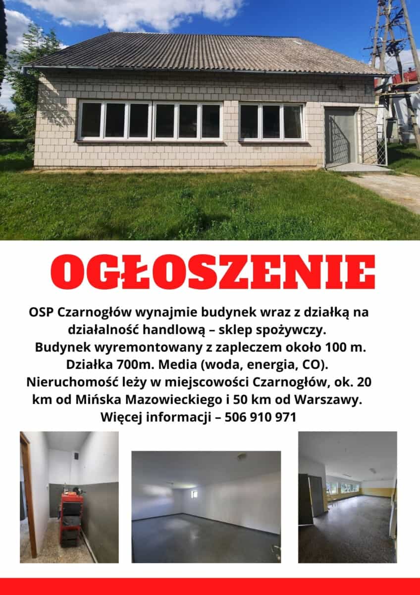 Murowany budynek. Czerwony napis z dużymi literami OGŁOSZENIE