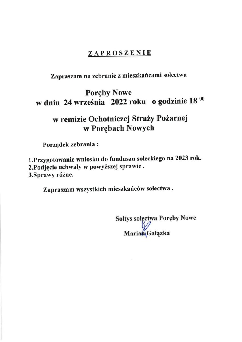 Biała kartka z tekstem dotyczącym zebrania w Porębach nowych