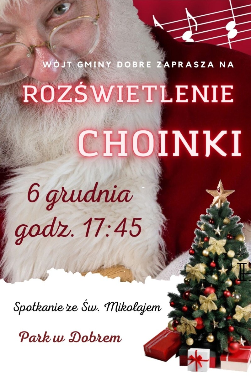 Twarz Świętego Mikołaja, na środku strony napis Rozświetlenie Choinki