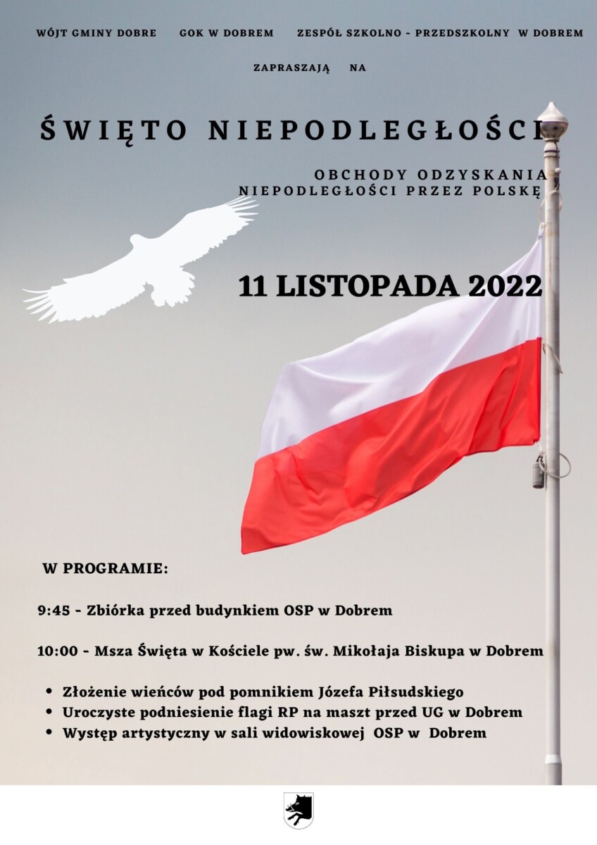 Z lewej strony flaga Polski na środku napis z czarnych liter 11 listopada
