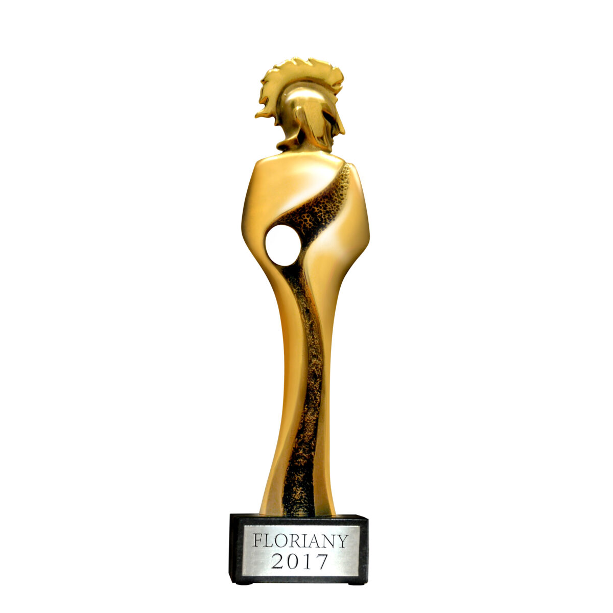 złota figurka z głową w hełmie i podpisem FLORIANY 2017