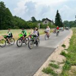 Rowerzyści jadący asfaltowa drogą