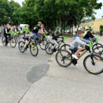 Rowerzyści jadący asfaltowa drogą