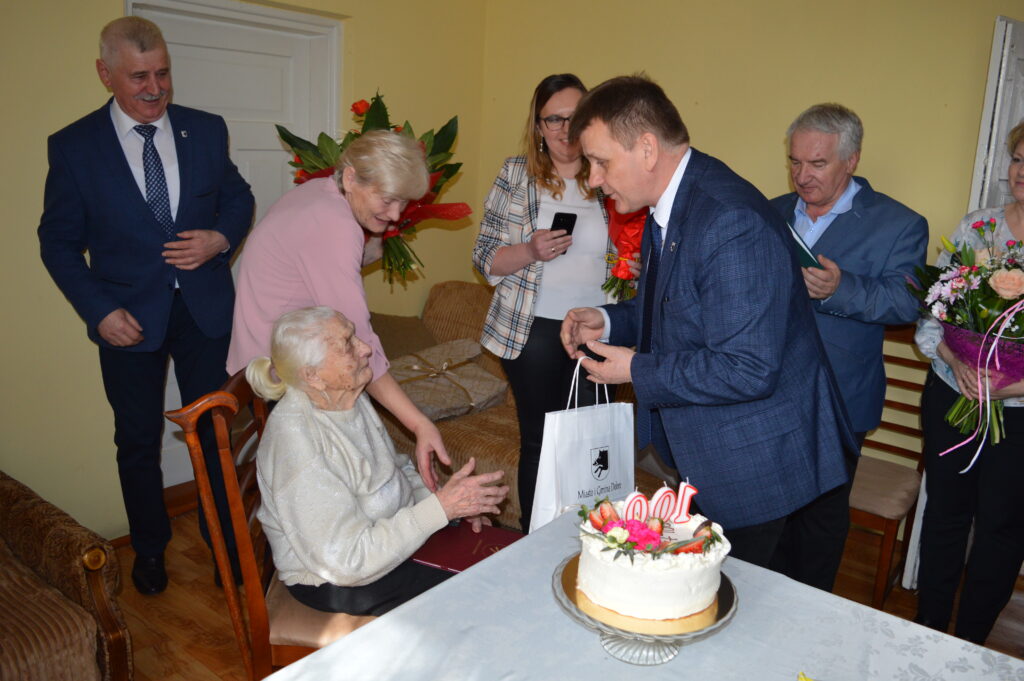 Na obrazku grupę osób świętujących urodziny starszej kobiety. Mężczyzna prezentuje tort siedzącej jubilatce.