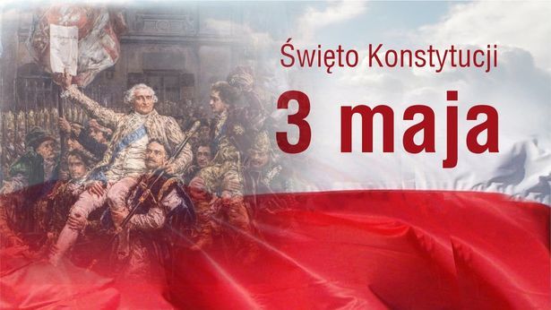 Obrazek przedstawia historyczną ilustrację istoty polskiej konstytucji 3 maja, której tło stanowi nowoczesną polską flagę. Na obrazku jest także napis „święto konstytucji 3 maja”.