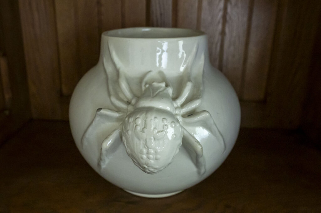 Na obrazku znajduje się biała ceramika, która jest dostępna z przodu, jest to szczegółowa rzeźba pająka. Możliwość zastosowania stoi na drewnianej powierzchni, co stanowi wprowadzenie kontrastu dla podstawowej ceramiki i realistycznie uformowanego arachnida.