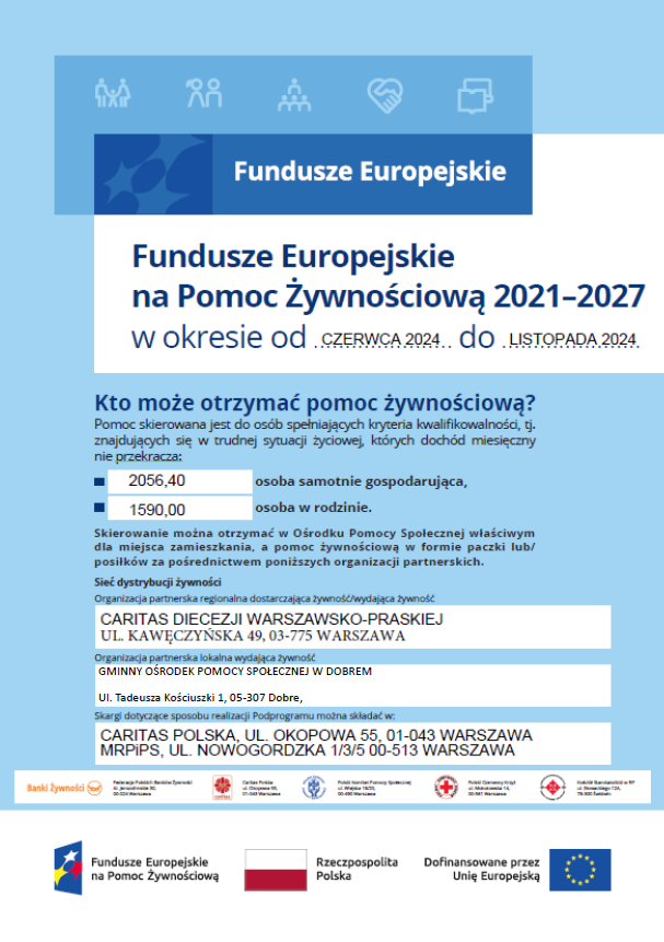 Plakat w kolorach niebieskim i białym zawiera informacje na temat dokumentów żywnościowych na lata 2021–2027. Zawiera kryteria kwalifikacyjne oraz dane kontaktowe biura CARITAS Polska w celu uzyskania pomocy.
