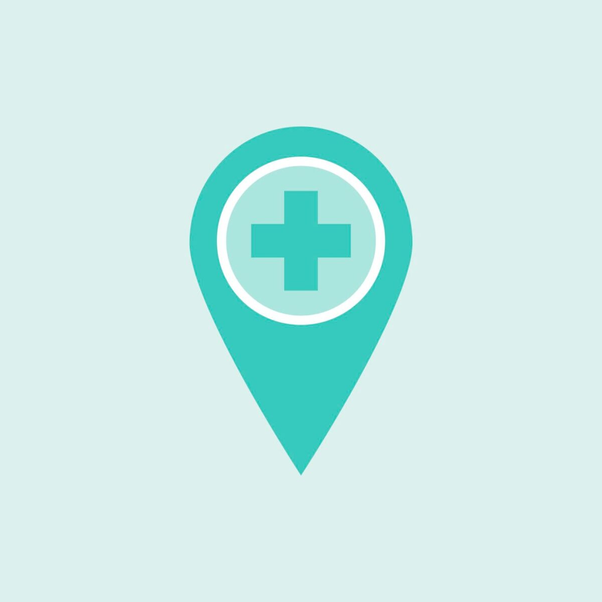 Na obrazku jest jasnoniebieska ikona pinzki do map z białym krzyżem medycznym w środku. Tło obraz jest utrzymane w prostym, aqua kolor.
