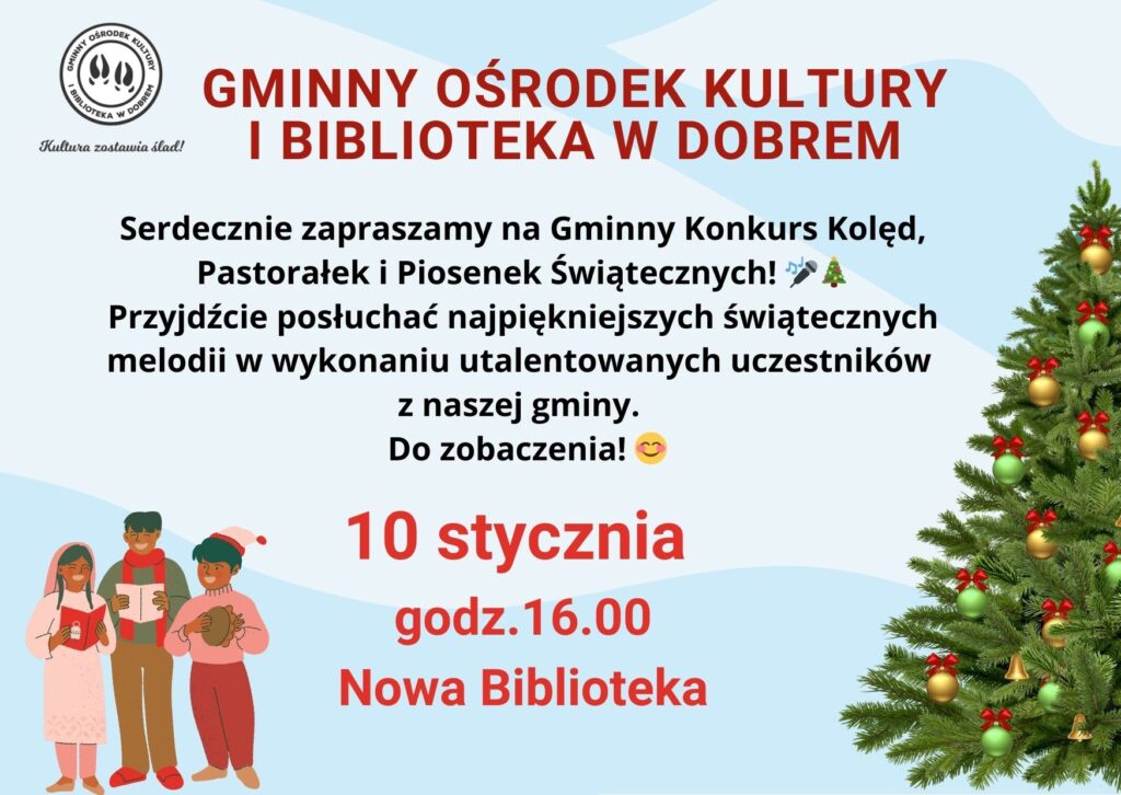 Na ulotce promującej społecznośćowe znajduje się zaproszenie na konkurs kolęd, który odbędzie się 10 stycznia o godzinie 16:00 w nowej bibliotece. Ilustracja przedstawia dzieci śpiewające przy choince.