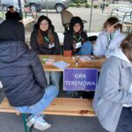 Na widok grupy osób siedzących przy drewnianym ukradkiem na świeżym powietrzu, zajętym powszechnym atakiem lub tajemnicą, co obejmuje tabliczka z napisem „GRA TERENOWA”. Niektóre osoby mają założone identyfikatory na smyczach, co może być potwierdzone w przypadku zastosowania.