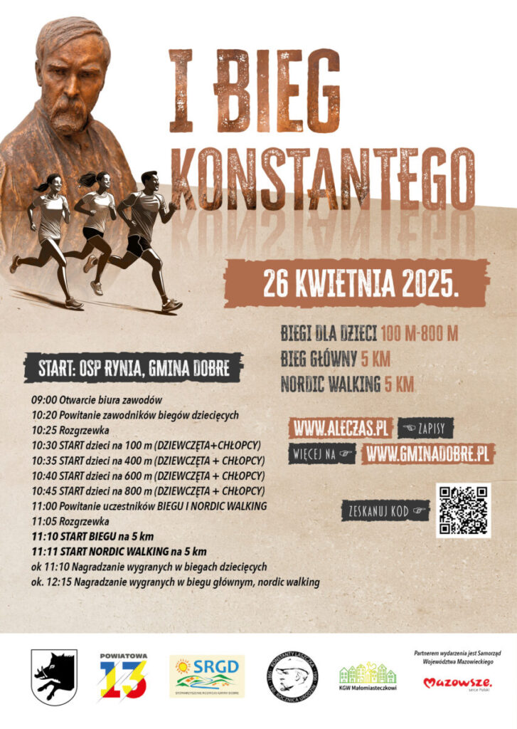 Plakat promujący I Bieg Konstantego z brązową rzeźbą mężczyzny, trzema biegaczami w ruchu i datą 26 kwietnia 2025. Beżowe tło, informacje o wydarzeniu, linki i godziny startu.