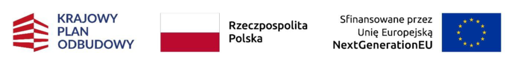 Logo Krajowy Plan Odbudowy z czerwono-białą grafiką, flaga Polski obok napisu, a po prawej flaga Unii Europejskiej.