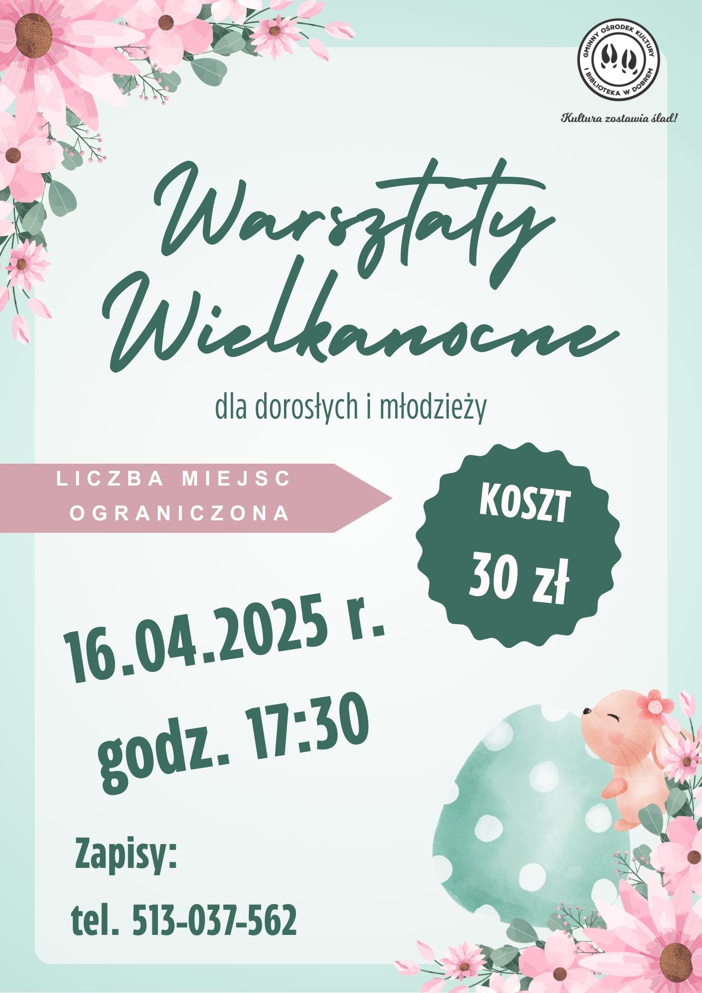Plakat wielkanocnych przedstawia informacje o motywach oraz podał datę wydarzeń – 16 kwietnia 2025 roku o godzinie 17:30. Koszt wypływania wynosi 30 zł, miejsce jest awaryjne, a miejsce, w którym znajduje się numer kontaktowy do rejestracji.