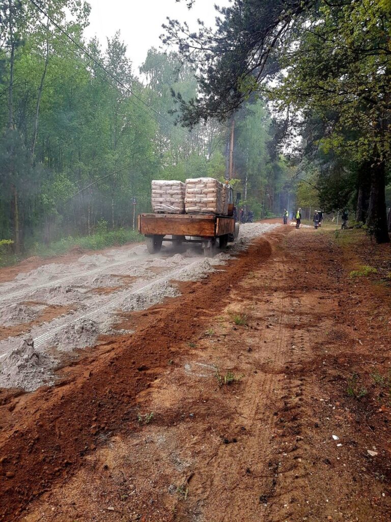 Ciężarówka z ładunkiem worków jedzie przez leśną drogę. Otoczenie zielone, drzewa po obu stronach, brązowa ziemia. Tło to mglista ścieżka pośród drzew.