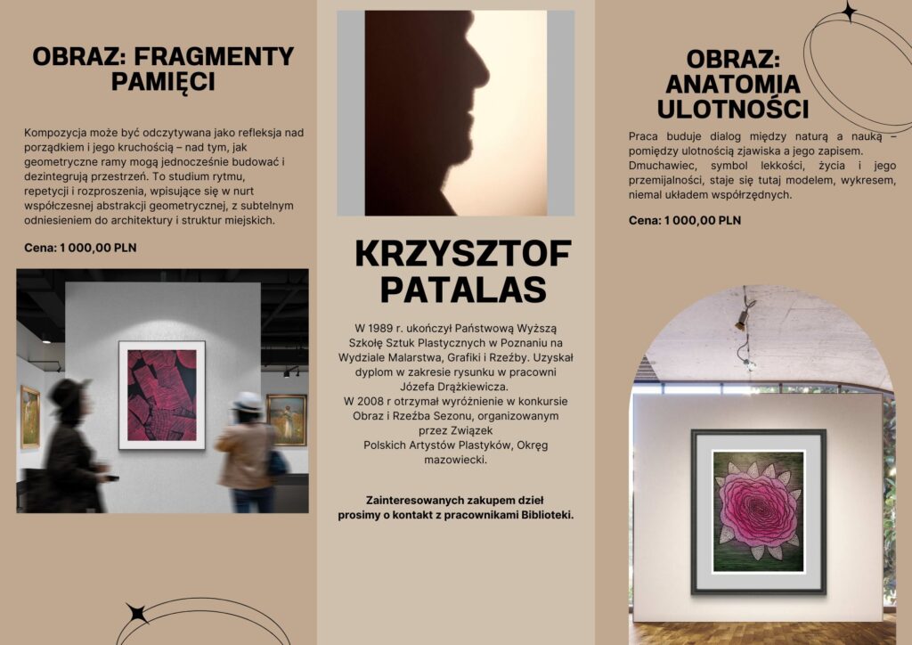 Po lewej obraz o abstrakcyjnym wzorze w odcieniach czerwieni na białej ścianie. Po prawej kolorowy obraz z motywem dmuchawca. Pośrodku tekst o artyście.