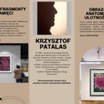 Po lewej obraz o abstrakcyjnym wzorze w odcieniach czerwieni na białej ścianie. Po prawej kolorowy obraz z motywem dmuchawca. Pośrodku tekst o artyście.