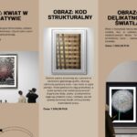 Trzy obrazy na wystawie, każdy w czarnej ramie. Lewy: abstrakcyjny kwiat w czerni i bieli. Środkowy: strukturalne złote pasy. Prawy: delikatny, abstrakcyjny kwiat.