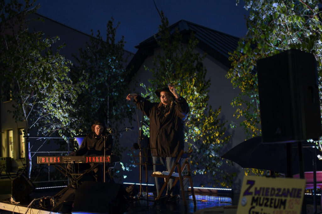 Koncert plenerowy nocą. Dwie osoby na scenie: klawiszowiec i wokalista w kapeluszu. Tło to drzewa i oświetlenie sceniczne.