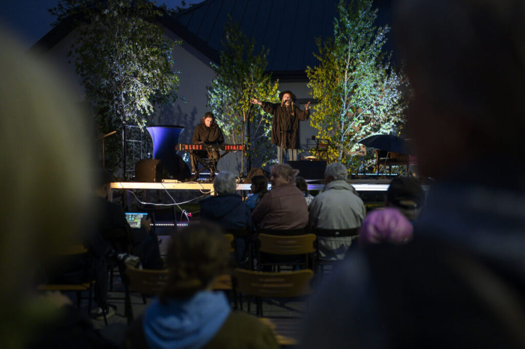 Koncert na świeżym powietrzu, scena oświetlona na niebiesko, w tle drzewa. Muzyk przy klawiszach, wokalista śpiewa. Publiczność siedzi tyłem.