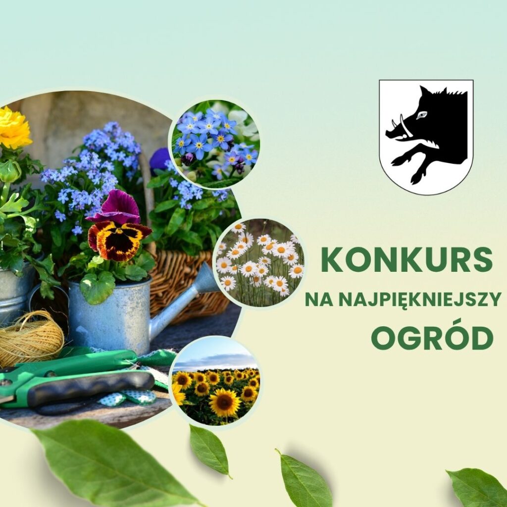 Obraz przedstawia kolorowe kwiaty w metalowych pojemnikach na tle zieleni. Po prawej stronie widnieje napis Konkurs na najpiękniejszy ogród. W tle jasny gradient oraz liście.