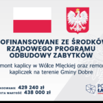 Flagi i godło Polski na szarym tle, tekst o dofinansowaniu remontów. Logo programowe na dole po prawej.