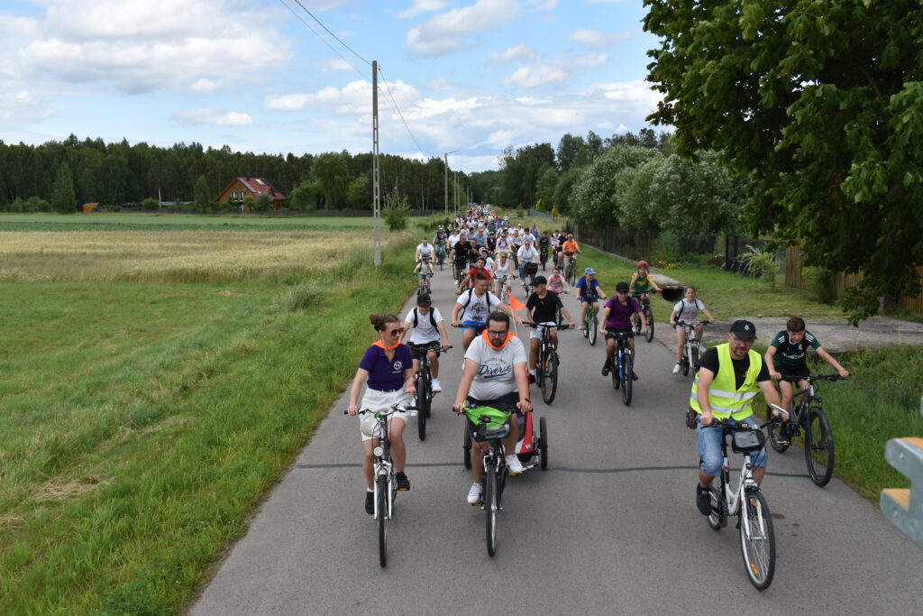 Grupa rowerzystów jedzie drogą polną, otoczoną zielonymi polami. W tle las i jasne niebo z chmurami. Przeważające kolory to zieleń, błękit i szarość.