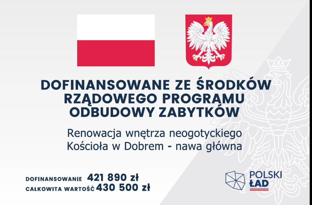 Flaga i godło Polski na jasnym tle. Tekst informuje o dofinansowaniu renowacji kościoła. Widoczne logo Polski Ład.