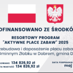 uvZQxeXxHTQTNmuO Flaga Polski i godło na szarym tle; informacja o dofinansowaniu placu zabaw na żłobek w Dobre, maj 2025.