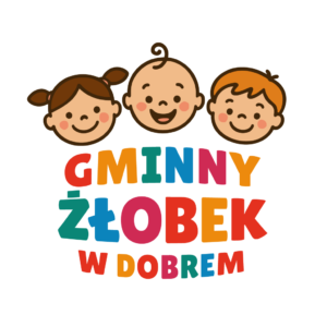 Trzy uśmiechnięte dzieci na czarnym tle. Kolorowy napis Gminny Żłobek w Dobrem. Różnorodne kolory liter wyróżniają się.