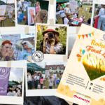 Kolaż zdjęć z wydarzenia rodzinnego na świeżym powietrzu. Widać ludzi biorących udział w warsztatach i zabawach. Plakat zapowiada Rodzinny Finał Lata.