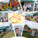 Na kolażu zdjęć widać rodzinny festyn z kolorowymi dmuchańcami i stoiskami, tło to zielona trawa i namioty. Centralnie plansza z napisem Rodzinny Finał Lata. Uczestnicy bawią się i prezentują lokalne produkty.