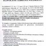 Ogłoszenie burmistrza miasta Dobre o zebraniu wiejskim w Szkole Podstawowej. Białe tło, czarny tekst, czerwone logo. Dotyczy wyboru sołtysa.