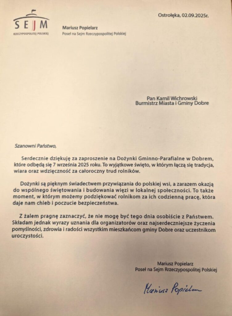 List na jasnym tle z logo Sejmu. Zawiera podziękowania za zaproszenie na dożynki i życzenia dla organizatorów. Podpis Mariusz Popielarz.