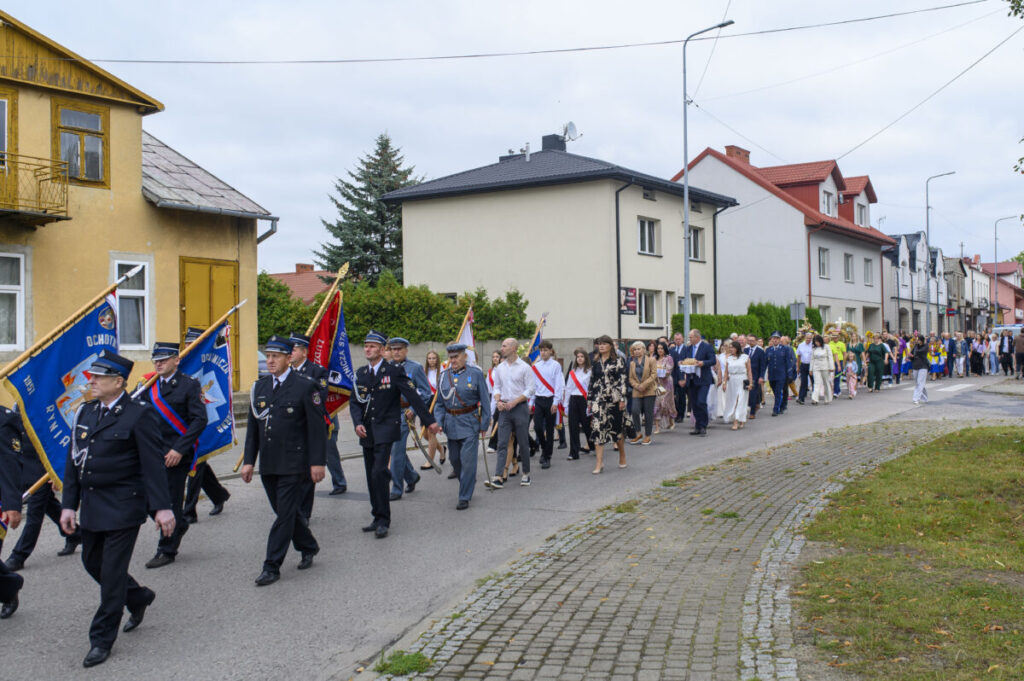 Parada na ulicy z uczestnikami w mundurach i sztandarami. Tło to budynki w stonowanych kolorach. Ludzie idą w zorganizowanej grupie.