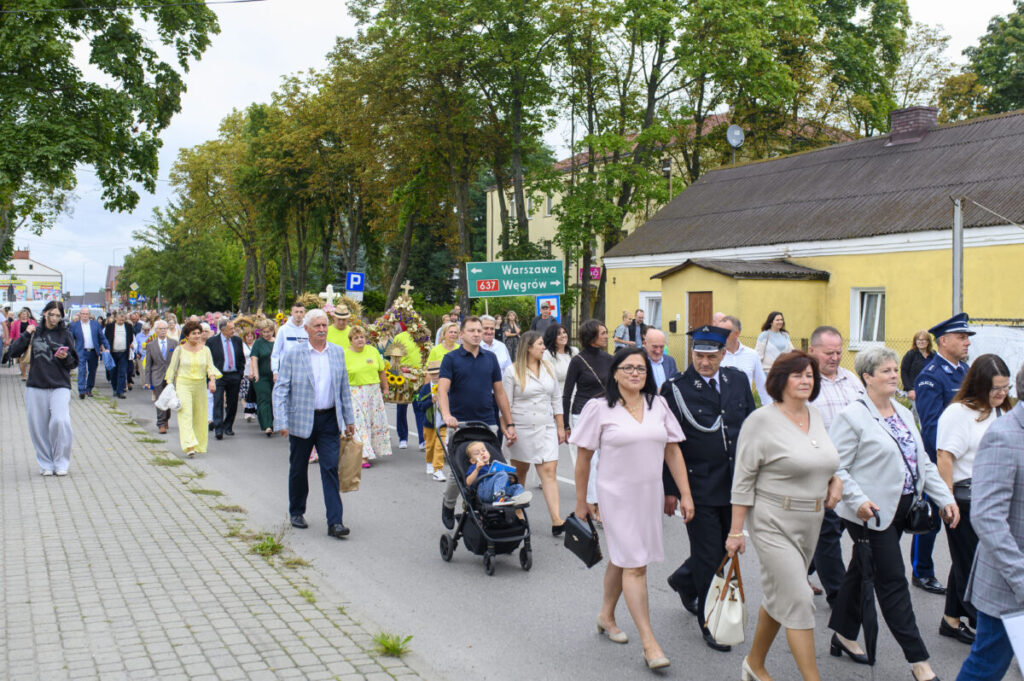 Grupa ludzi w różnorodnych strojach maszeruje ulicą. Widoczne drzewa i żółty budynek w tle. Wózek z dzieckiem na czele.